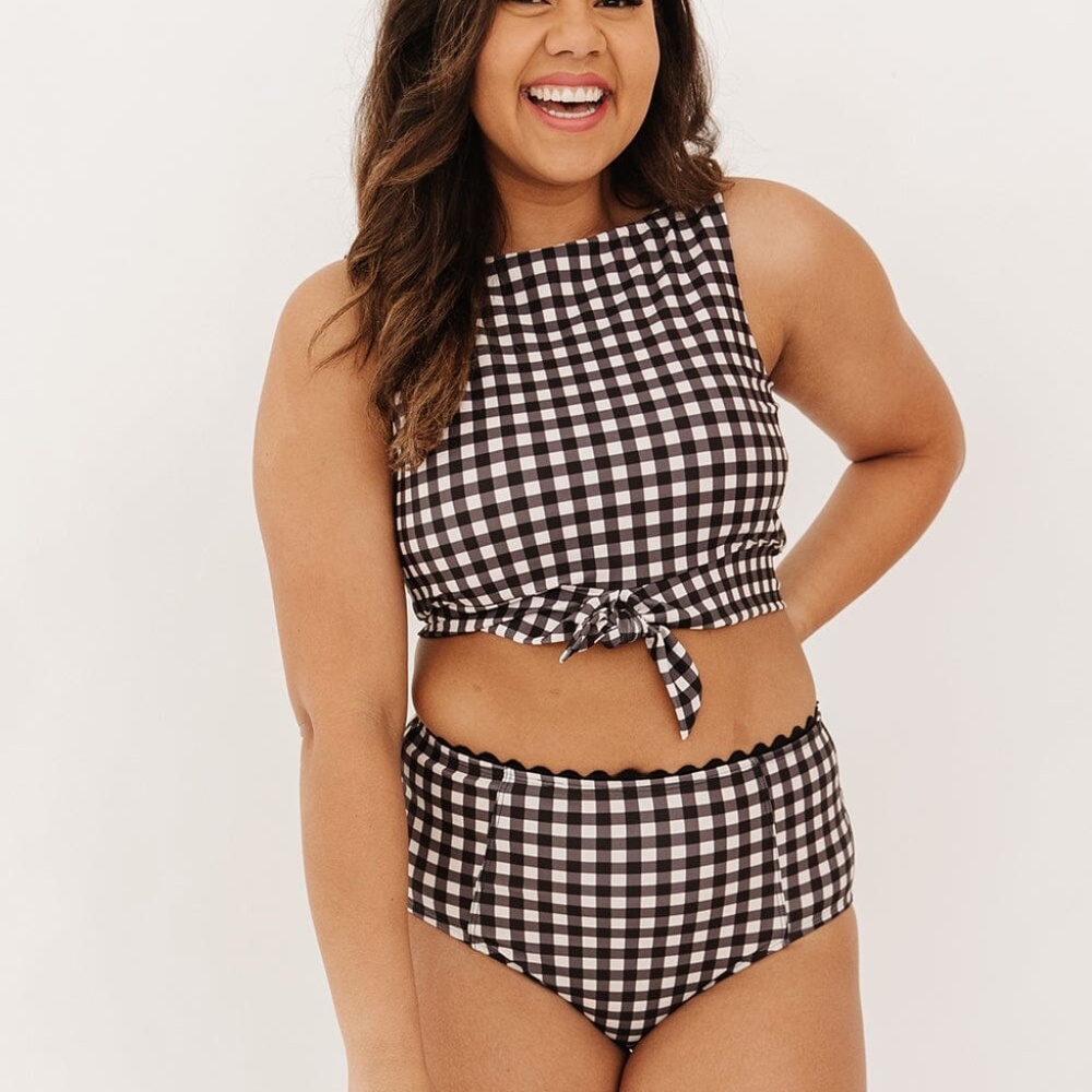 NWT Lime Ricki Black & White Gingham Cropped Top High Waist 2 Piece Bathing Suit